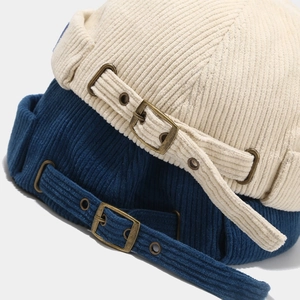 Retro corduroy brimless dockers hat with adjustable metal buckle in beige and navy
