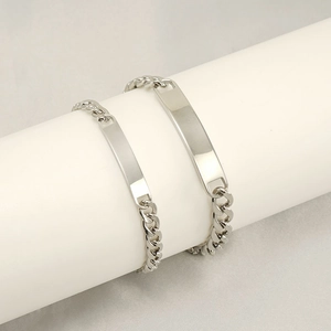 Classic silver stainless steel ID couple bracelets with polished cuban link chains