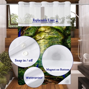 Forest waffle shower curtain with snap-in liner, magnetic hem, and waterproof texture
