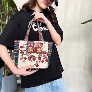 Ethnic embroidered canvas tote bag featuring cute owls and floral patterns for women