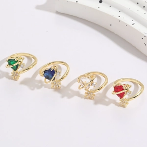 Heart Shaped Cubic Zirconia Planet Ring Copper 14K Gold Plated Adjustable Star Minimalist Jewelry For Women