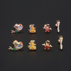 Colorful zircon cartoon animal and tropical fish earrings set on a black background