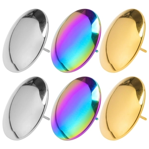 Polished stainless steel oval stud earrings in silver, gold, and rainbow finishes