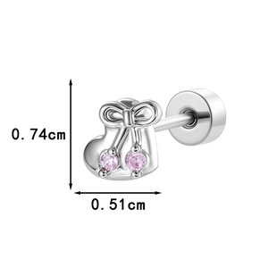 Silver bow and heart stud earring with pink gemstones, size 0.74cm by 0.51cm