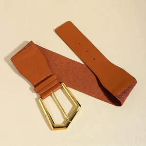 Brown elastic wide belt with a large gold geometric buckle for women's waist styling