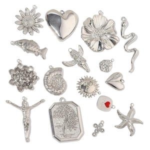 Polished silver stainless steel charms set including sunflower star and cross pendants