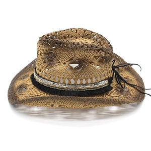 Western style woven straw sun hat with ethnic bead tassel and chin strap in brown