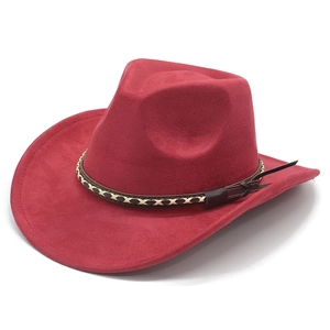 Detail of red suede cowboy hat featuring brown braided leather band and side knot accent