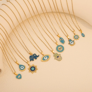 Evil Eye Hamsa Hand Pendant Necklace Stainless Steel Gold Enamel Elephant Sun Heart Protection Jewelry For Women