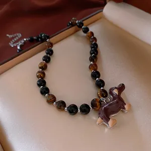 Vintage Cartoon Dachshund Dog Pendant Necklace With Artificial Tiger Eye Stone And Black Agate Beads For Women