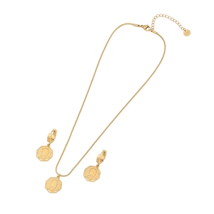 Gold stainless steel coin necklace and earring set with relief portrait engraving
