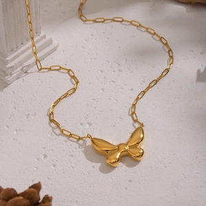 18K gold plated stainless steel paperclip chain necklace with a 3D butterfly pendant