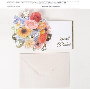 Detail of 3D bouquet greeting card with sunflowers, roses and elegant grey envelope
