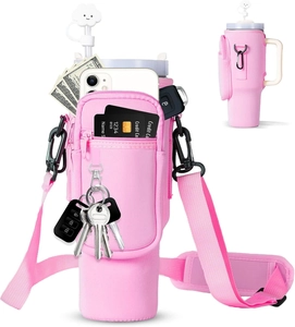 Pink 40oz water bottle sleeve with zipper phone pocket, card slots and adjustable shoulder strap