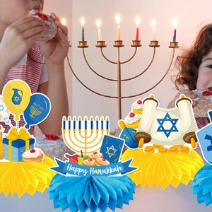 Happy Hanukkah honeycomb centerpieces for Jewish party table decoration in blue and yellow