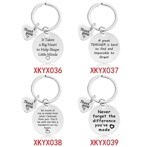 Polished stainless steel teacher appreciation keychains with engraved thank you quotes