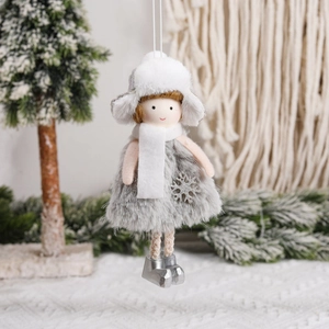 Christmas plush doll hanging ornament with grey dress and silver snowflake decoration