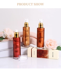 Huile scintillante pour le corps en teintes or et bronze sur un fond de soie chic