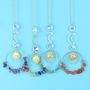 Celestial Crystal Suncatcher With Sun Moon Metal Pendants Natural Healing Stones Hanging Window Garden Decoration Boho