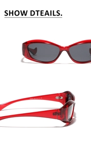 Detail view of red cat-eye sunglasses featuring CE markings and frame dimensions