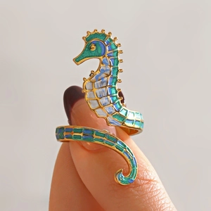 Seahorse Enamel Open Ring Stainless Steel Gold Plated Ocean Beach Vacation Adjustable Jewelry For Women Fashion Accessory