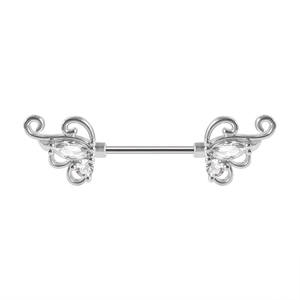 Silver stainless steel nipple ring bar with zircon flower filigree and marquis cut stones