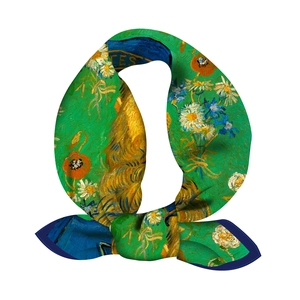 Detailed macro view of Van Gogh style oil painting pattern on green silk neck scarf