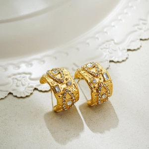 18K gold plated stainless steel C-shaped evil eye earrings with white zircon accents