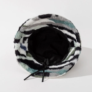 Winter faux fur bucket hat with camouflage pattern stripes and adjustable inner strap