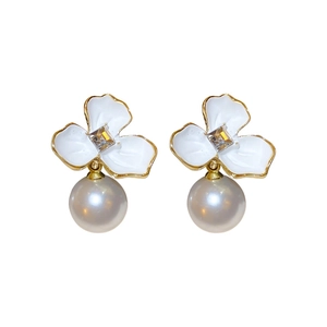 Vintage floral pearl drop earrings with rhinestones and gold-edged white petals