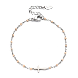 Detail view of silver stainless steel bead chain with cross pendant and lobster clasp