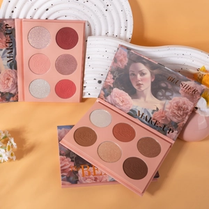 Artistieke lay-out van een 6-kleuren poederblushpalet met roze en bruine tinten
