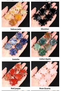 Detailed macro view showing six carved solar system stones in various natural crystals