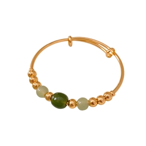 18k gold plated open bangle with green jade beads in elegant neo-Chinese style