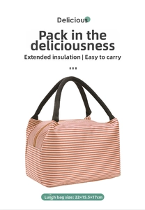 Detail of insulated lunch bag with orange stripes and gold zipper showing 22x15.5x17cm size