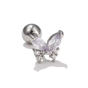 Detail of silver butterfly cartilage stud with purple zircon and screw ball back