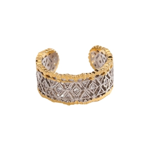 Italian style open cuff bracelet with gold honeycomb hollow carvings and bicolor metal