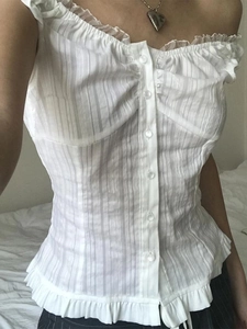 White semi-sheer striped Y2K off-shoulder top with ruffled edges and button-up front