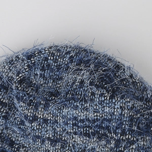 Winter knitted beanie in blue-grey plush blend with soft fuzzy texture for women