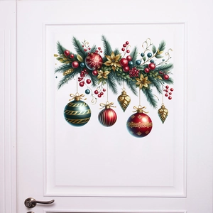 Detail of colorful Christmas ball wall stickers with festive wreaths on a white door