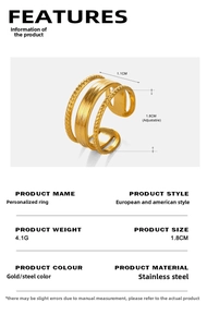 Detailed view of 18K gold plated multi-layer stainless steel ring with dimensions