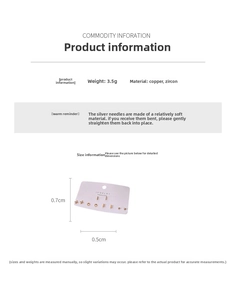 Size chart showing 0.7cm x 0.5cm zircon geometric studs and copper material specifications