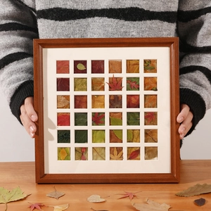 Square wooden frame with 36-grid autumn leaf specimens for DIY home wall decor