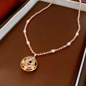 Collier En Cuivre Élégant Avec Pendentif Disque Zircon Imitation Künstliche Perles Pierre Oeil De Chat Künstliche Perles Verre Rétro Femme