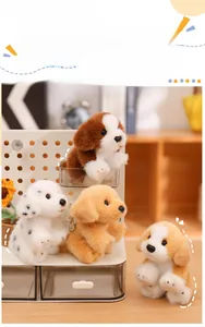 Collection of four realistic plush dog keychains displayed on a warm home storage rack
