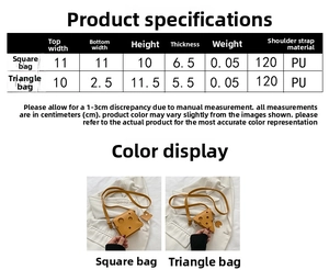 Size guide for mini cheese purses with dimensions for square and triangle styles