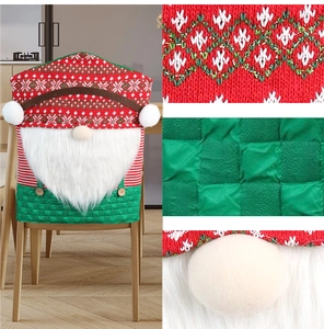 Detail showing the knitted Nordic gnome chair cover with plush beard and green quilted texture