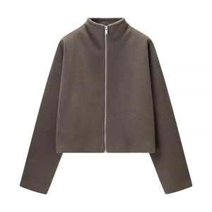 Women Woolen Jacket Stand Collar Zip Up Loose Fit Long Sleeve Solid Color Warm Casual Winter Outwear With Pockets