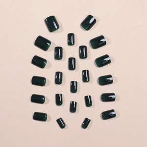 Faux ongles courts vert foncé effet œil de chat, ensemble de 24 pièces forme carrée