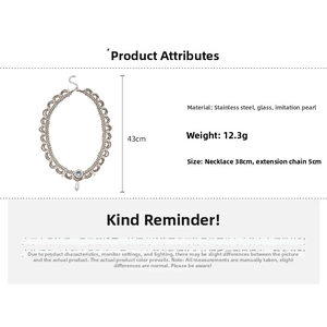 Detail showing teardrop pearl and blue stone pendant with dimensions of 38cm plus 5cm chain